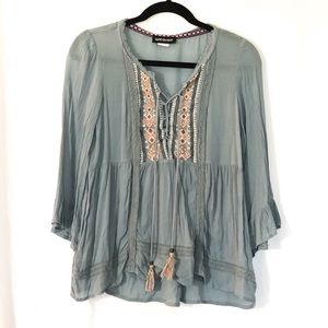 Boho Earthy Blue Flowy Top w/ Embroidery